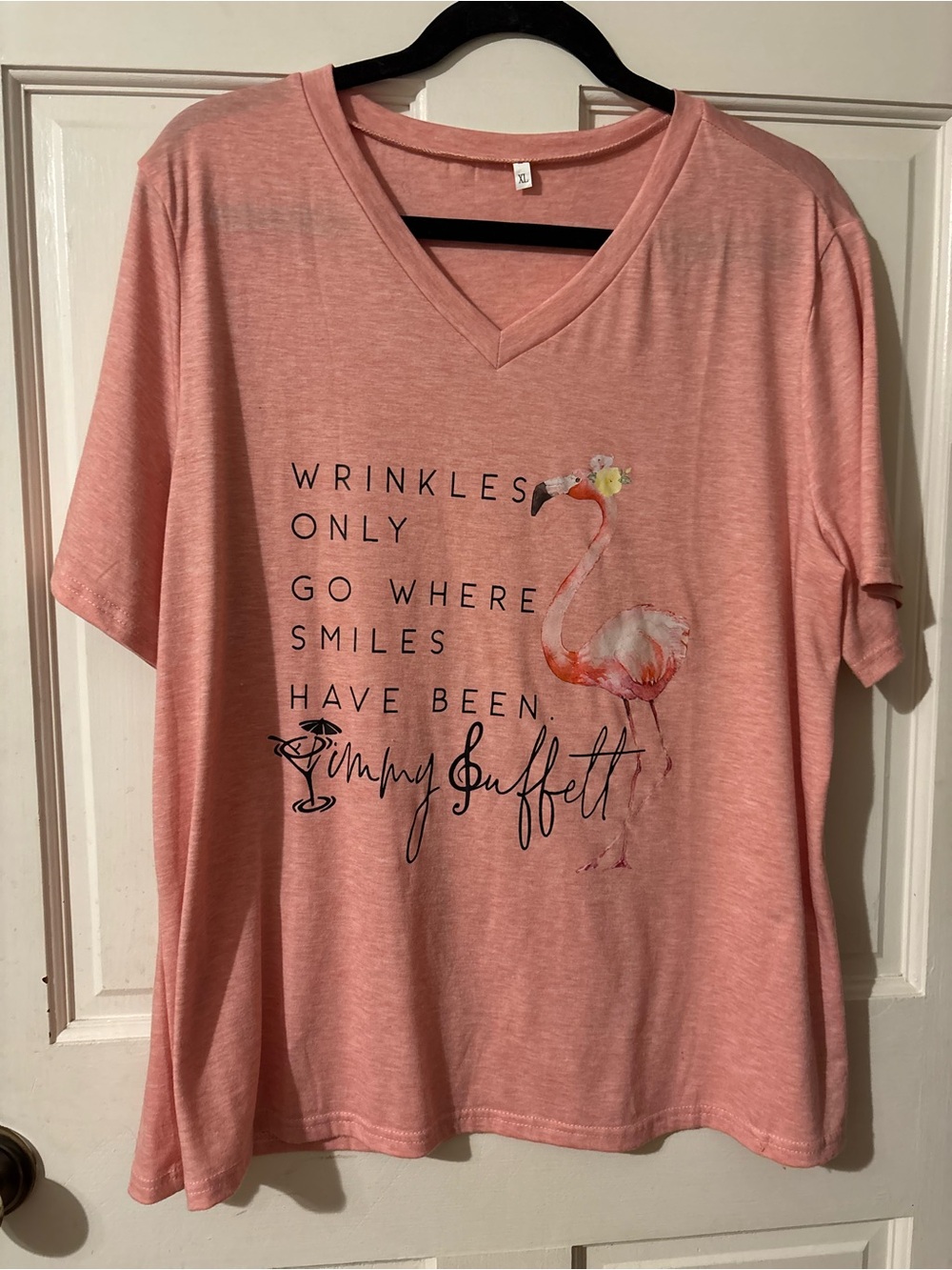 Jimmy Buffett logo Pink V-Neck Graphic Tee - Flamingo Quote
